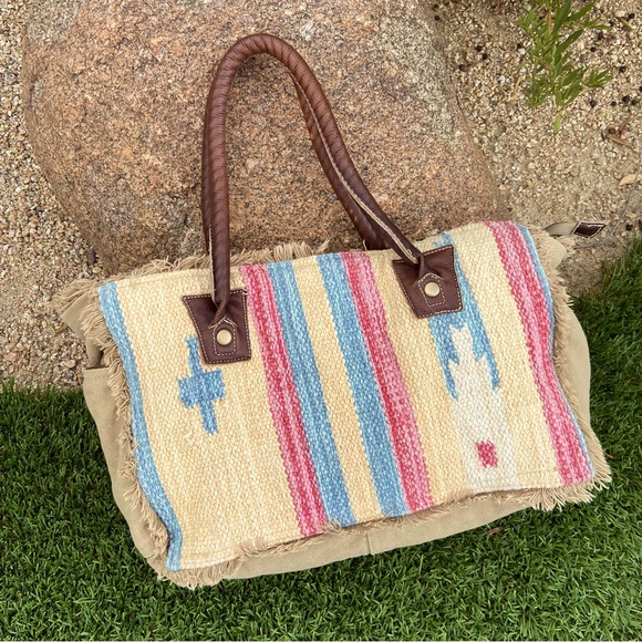 MYRA Canvas + Cotton Tapestry Bag with Leather Handles - Picture 5 of 16